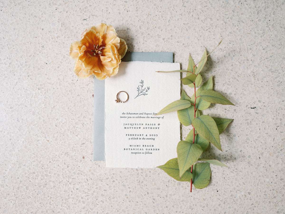 toffee rose with wedding ring on invitation, miami beach garden weddings
